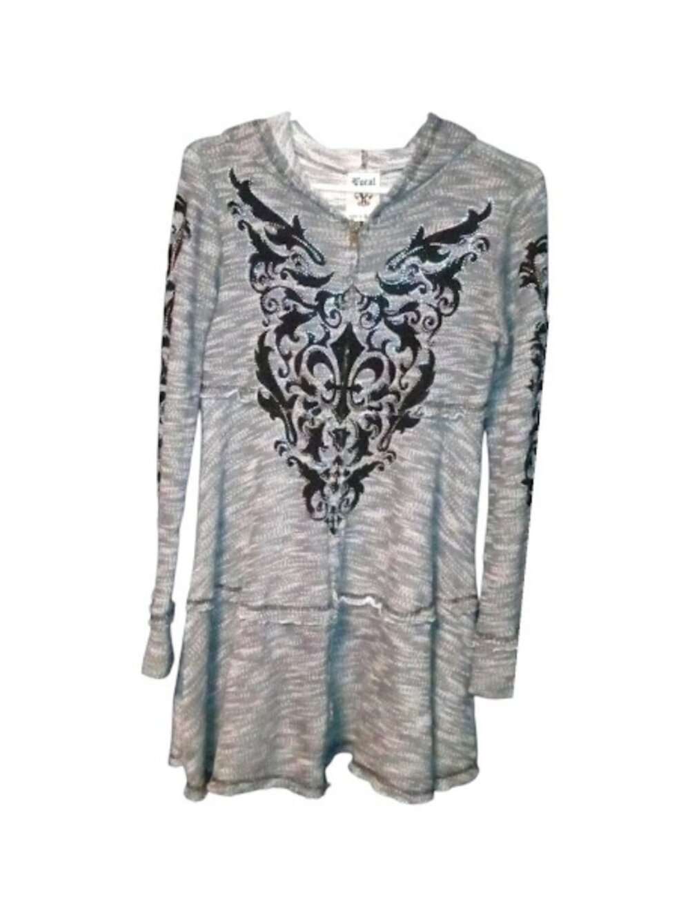 Vocal Gray Zip‑Up Hooded Sweater Iridescent Embellishment Tunic Small